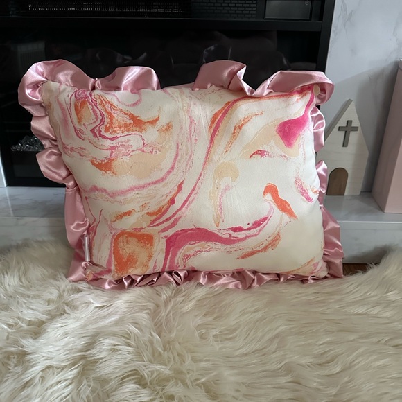 Pink and Orange Marble Throw Pillows with Pink Silk Ruffles - Picture 5 of 9